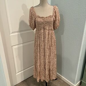 Alluv Place Smocked Square Neck Floral Midi Dress in Light Pink